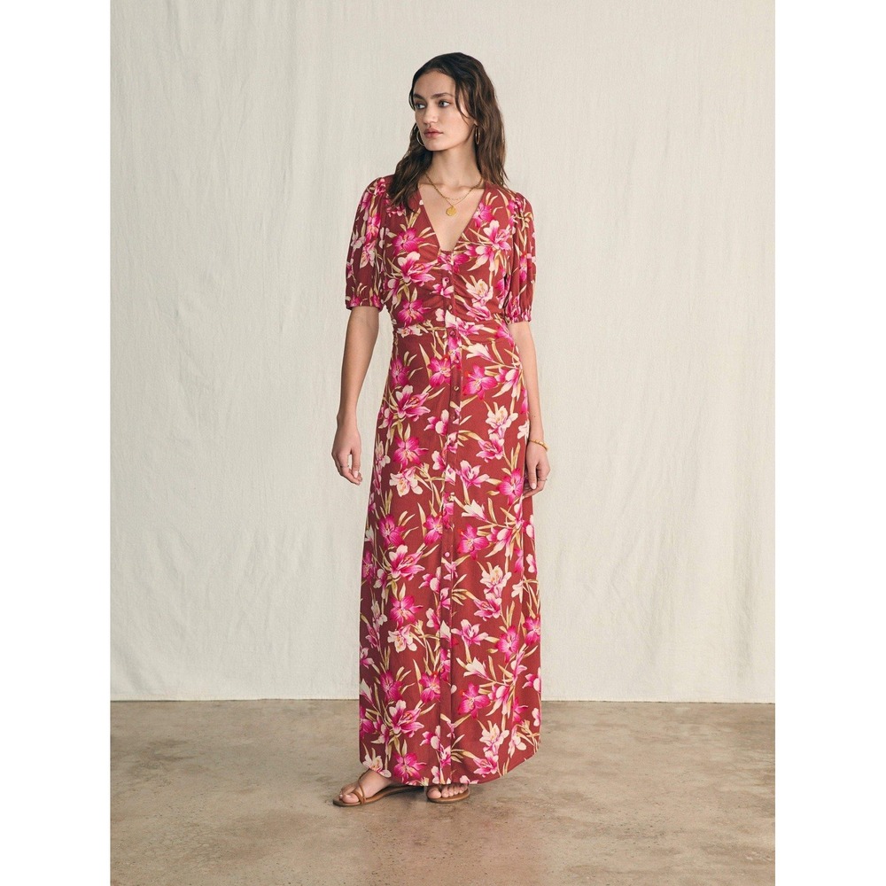 NWT Faherty Sorrento Majorca Women's SMALL Floral Maxi Dress Puff Short Sleeve